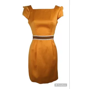 PORTS 1961 orange Silk Sheath Dress Striped Belt Pleated Cap Sleeve Resort S 4