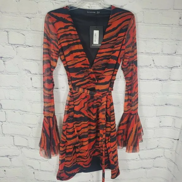 PrettyLittleThing Women's Size 10 Orange Zebra Mesh Tie Waist Bodycon Dress