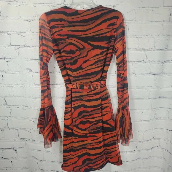 PrettyLittleThing Women's Size 10 Orange Zebra Mesh Tie Waist Bodycon Dress