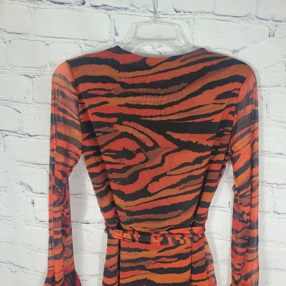 PrettyLittleThing Women's Size 10 Orange Zebra Mesh Tie Waist Bodycon Dress