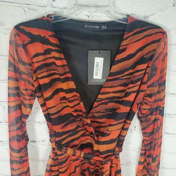 PrettyLittleThing Women's Size 10 Orange Zebra Mesh Tie Waist Bodycon Dress