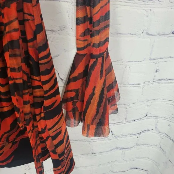 PrettyLittleThing Women's Size 10 Orange Zebra Mesh Tie Waist Bodycon Dress