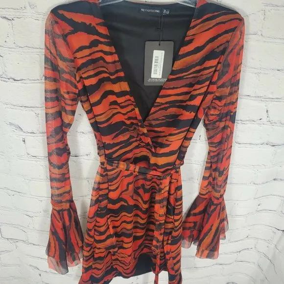 PrettyLittleThing Women's Size 10 Orange Zebra Mesh Tie Waist Bodycon Dress