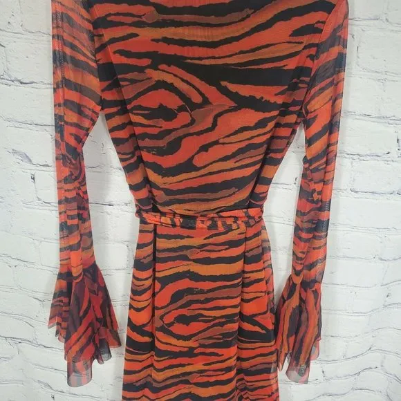 PrettyLittleThing Women's Size 10 Orange Zebra Mesh Tie Waist Bodycon Dress