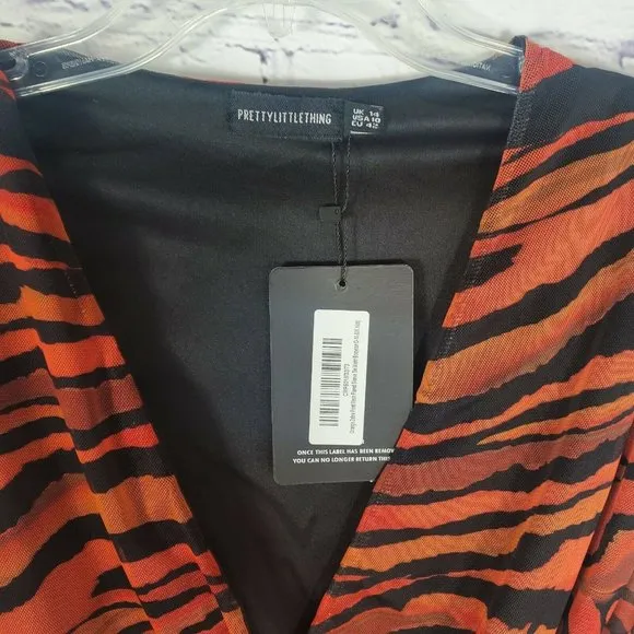 PrettyLittleThing Women's Size 10 Orange Zebra Mesh Tie Waist Bodycon Dress