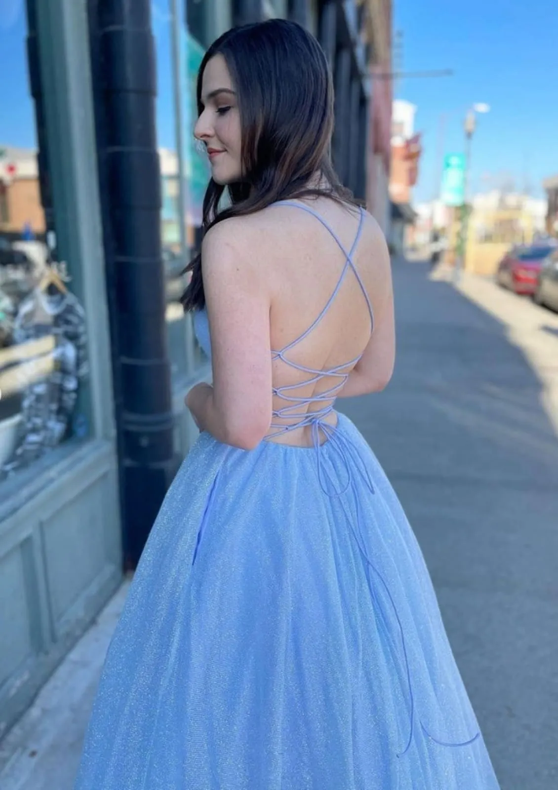 Princess V Neck Straps Sky Blue Tulle Glitter Prom Dress, Pockets
