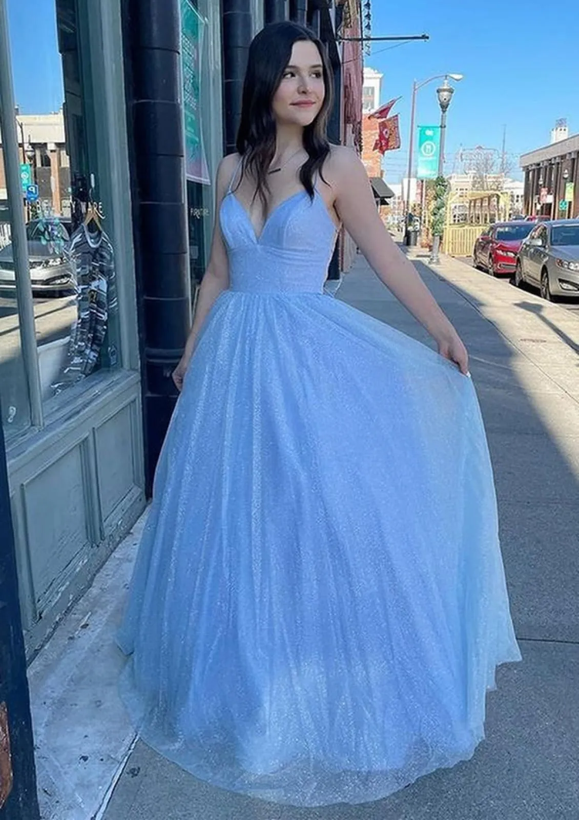 Princess V Neck Straps Sky Blue Tulle Glitter Prom Dress, Pockets