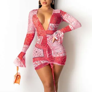 Print Deep V-Neck Flared Sleeve Drawstring Bodycon Dress