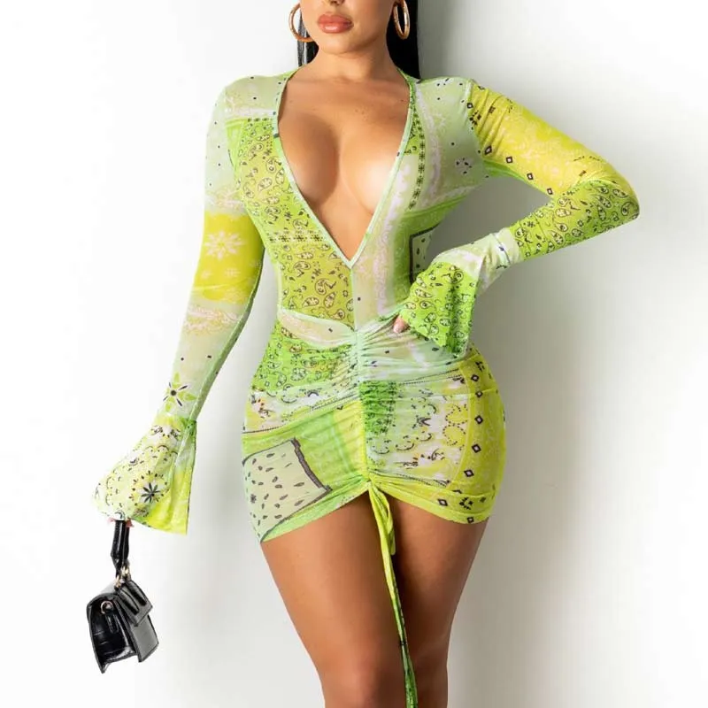 Print Deep V-Neck Flared Sleeve Drawstring Bodycon Dress