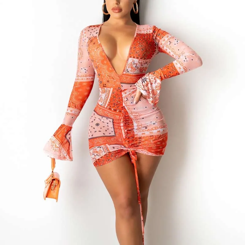 Print Deep V-Neck Flared Sleeve Drawstring Bodycon Dress