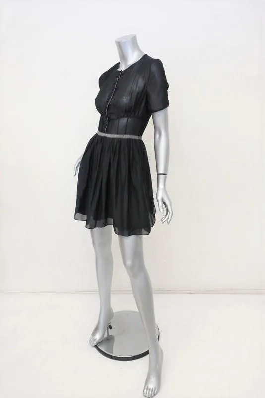 Proenza Schouler Dress Black Cotton-Silk Size 2 Short Sleeve Fit & Flare Mini