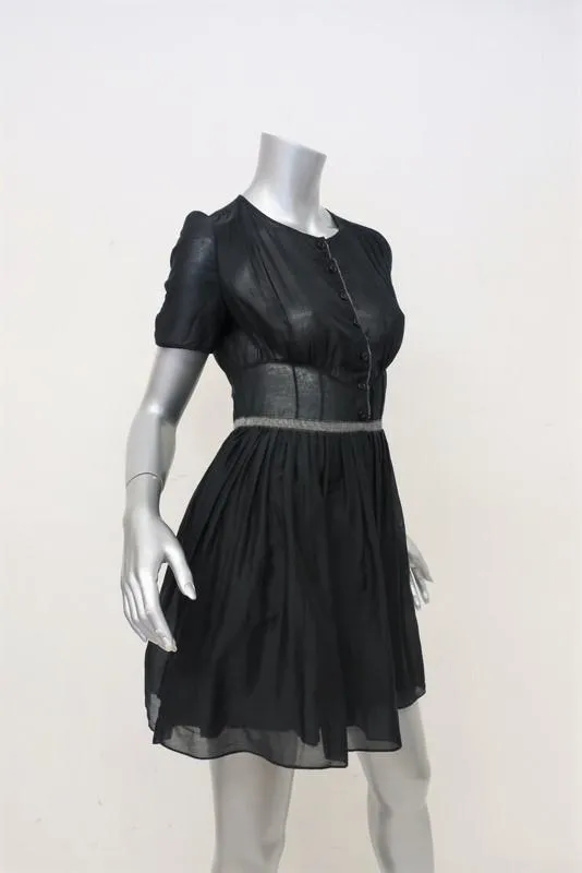 Proenza Schouler Dress Black Cotton-Silk Size 2 Short Sleeve Fit & Flare Mini