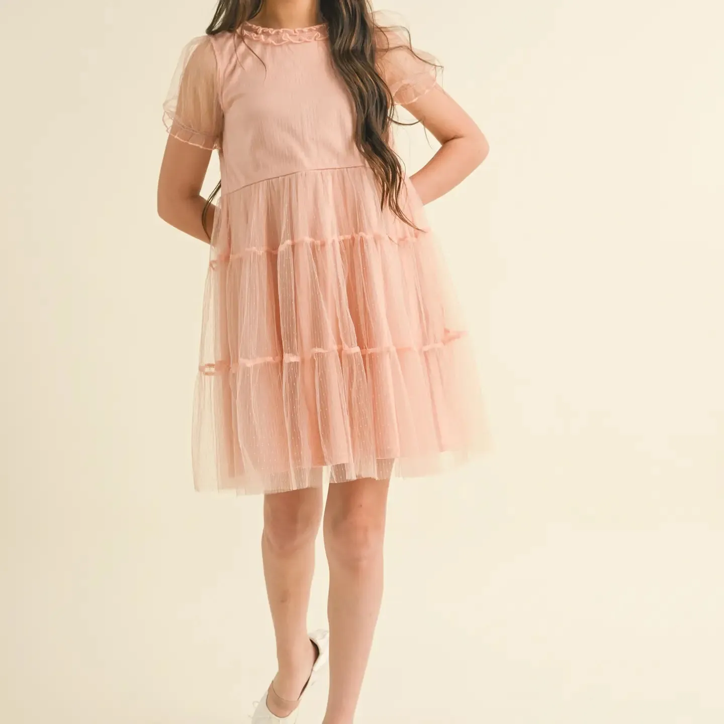 Puff Sleeve Tiered Mesh Dress