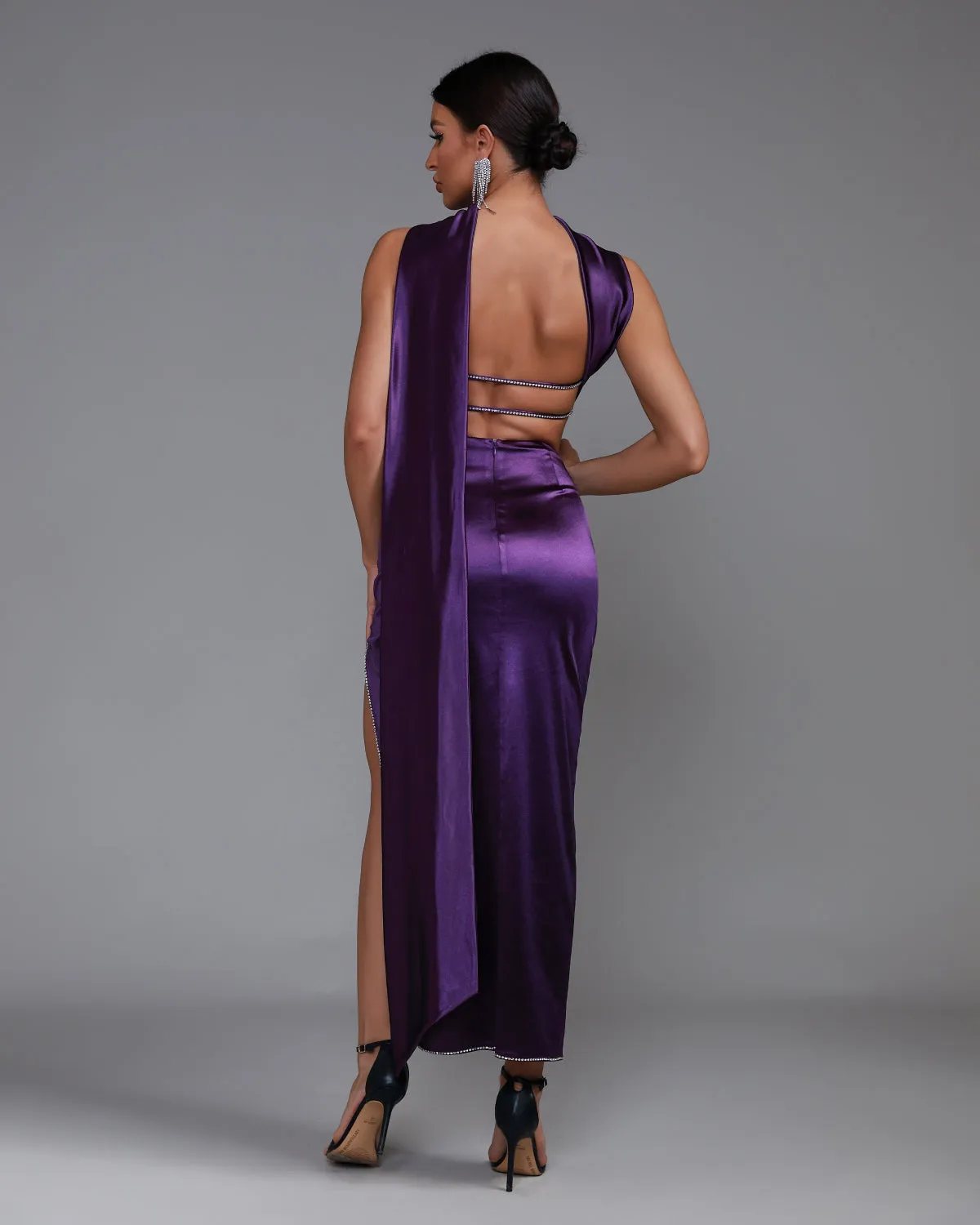 Purple Satin Strapless Sash Gown