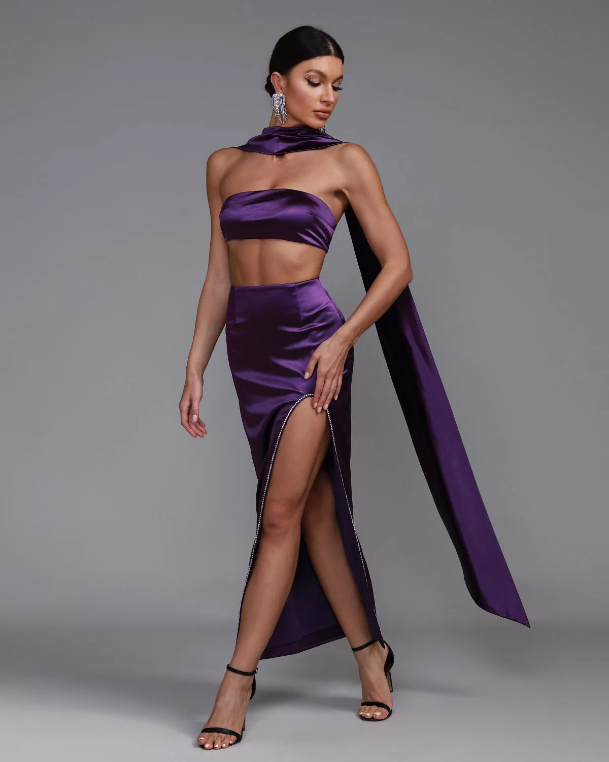 Purple Satin Strapless Sash Gown