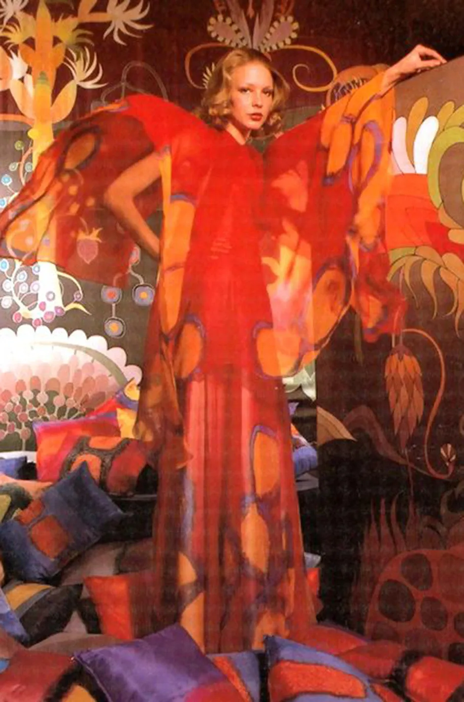 Rare 1960s Hand Painted Silk Andre Murasan Dress & Cape