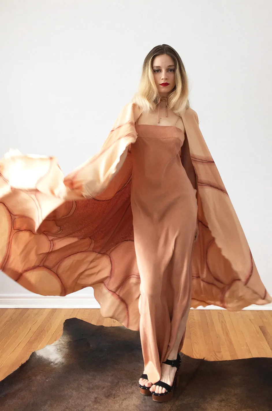 Rare 1960s Hand Painted Silk Andre Murasan Dress & Cape