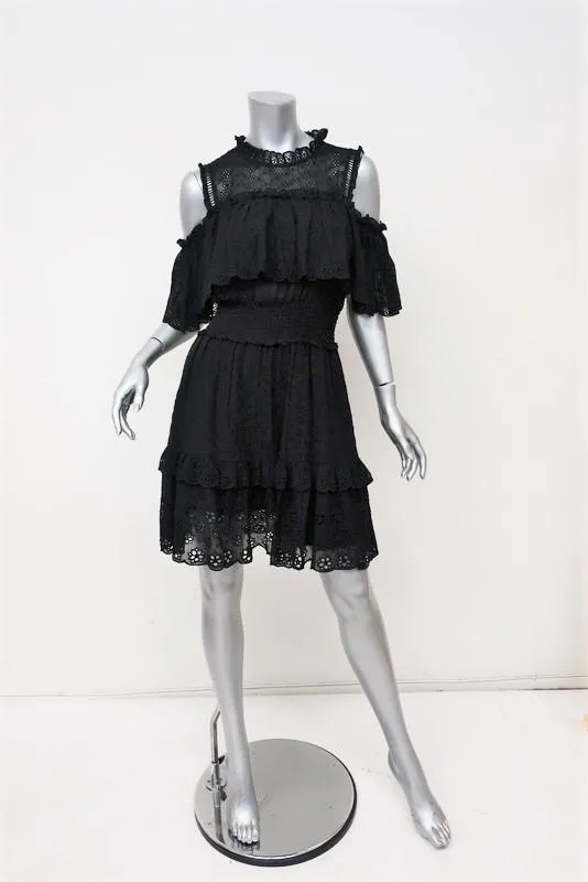 Rebecca Taylor Dress Black Eyelet Embroidered Silk Size 4 Cold Shoulder Mini