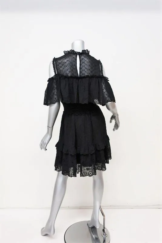 Rebecca Taylor Dress Black Eyelet Embroidered Silk Size 4 Cold Shoulder Mini