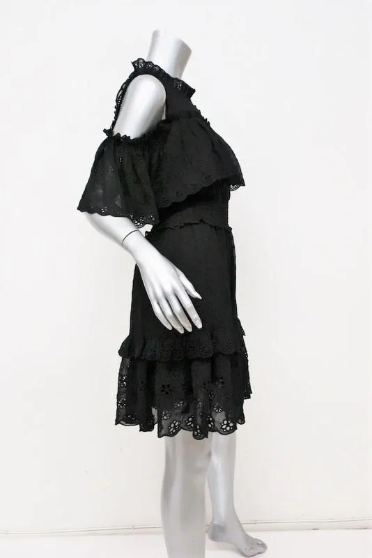 Rebecca Taylor Dress Black Eyelet Embroidered Silk Size 4 Cold Shoulder Mini
