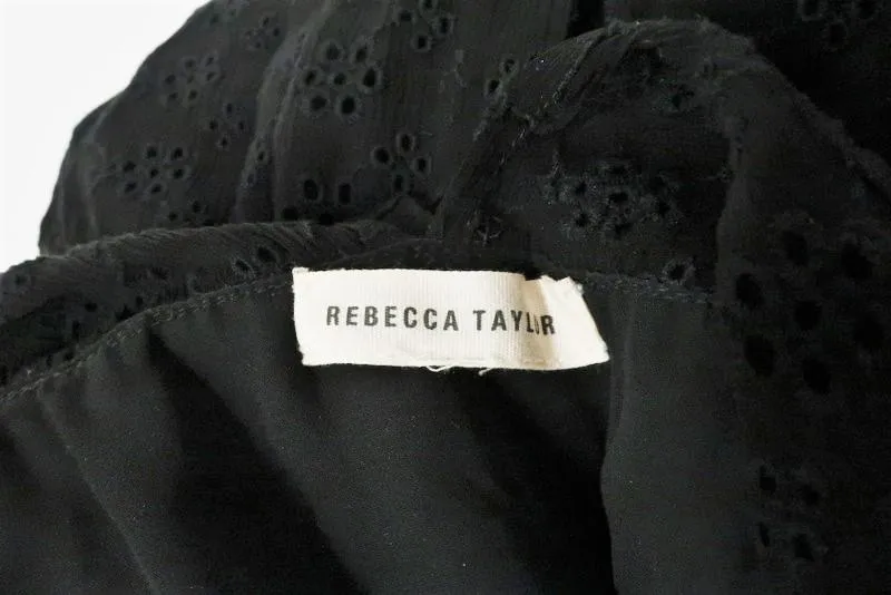 Rebecca Taylor Dress Black Eyelet Embroidered Silk Size 4 Cold Shoulder Mini