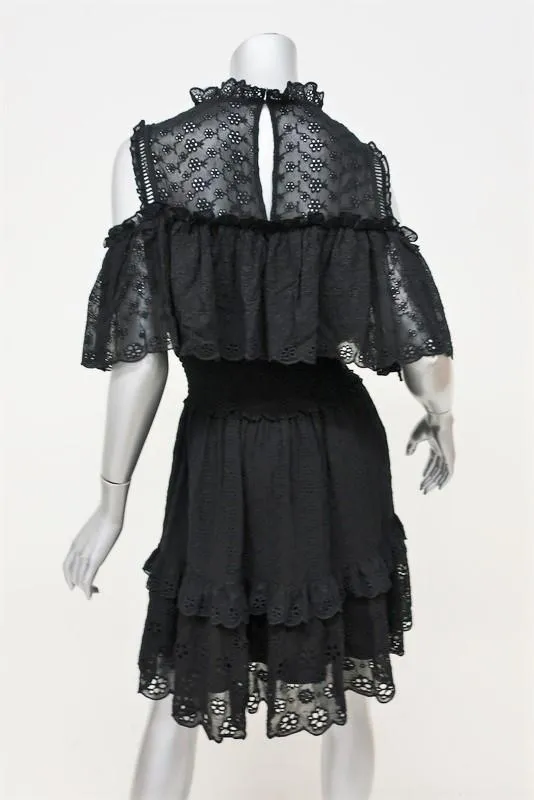Rebecca Taylor Dress Black Eyelet Embroidered Silk Size 4 Cold Shoulder Mini