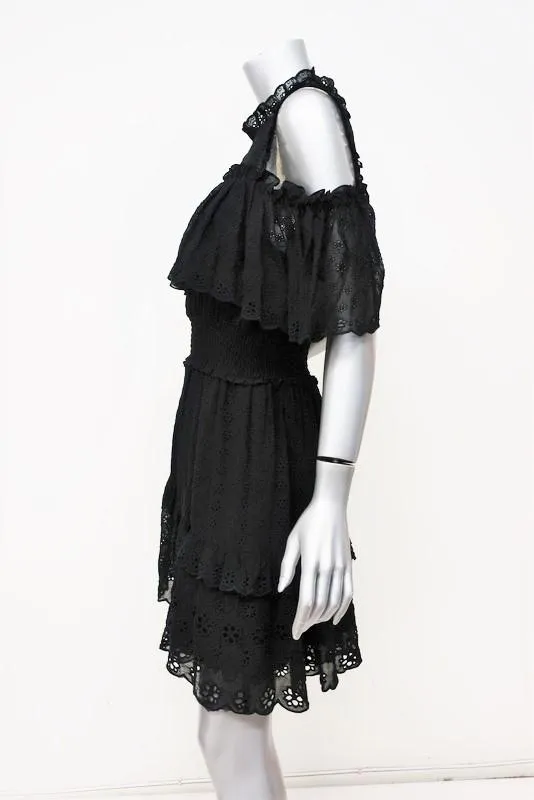 Rebecca Taylor Dress Black Eyelet Embroidered Silk Size 4 Cold Shoulder Mini