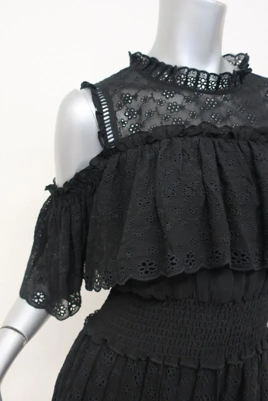Rebecca Taylor Dress Black Eyelet Embroidered Silk Size 4 Cold Shoulder Mini