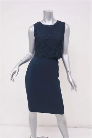 Rebecca Taylor Lace Popover Dress Navy Stretch Crepe Size 2 Sleeveless Sheath