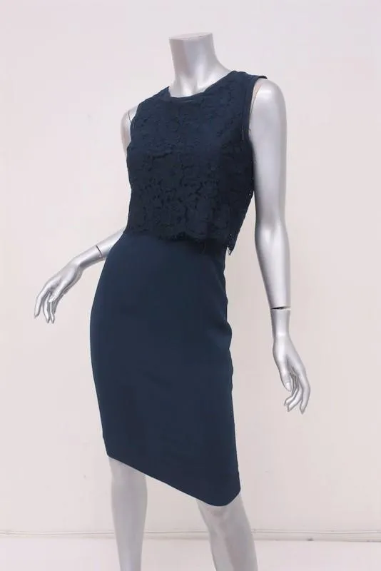 Rebecca Taylor Lace Popover Dress Navy Stretch Crepe Size 2 Sleeveless Sheath