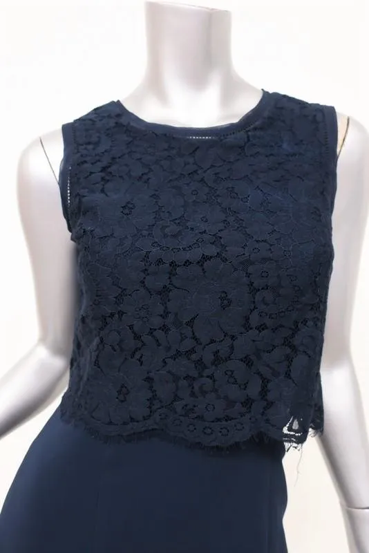 Rebecca Taylor Lace Popover Dress Navy Stretch Crepe Size 2 Sleeveless Sheath