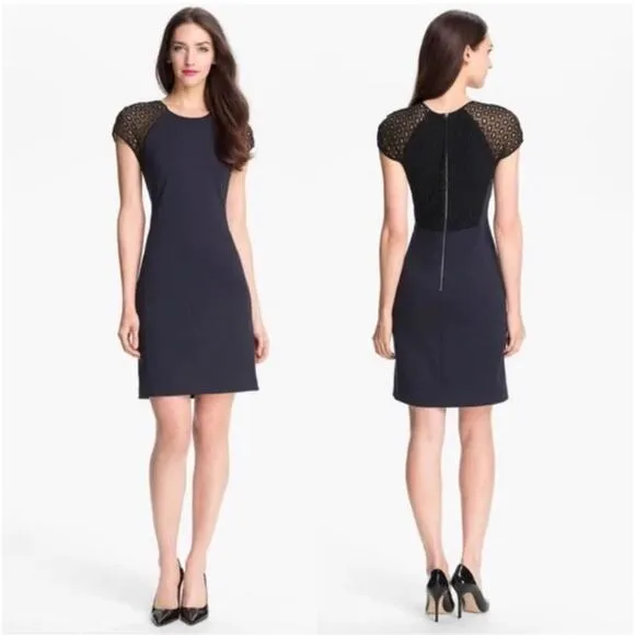 Rebecca Taylor Womens navy blue shift dress with lace 6