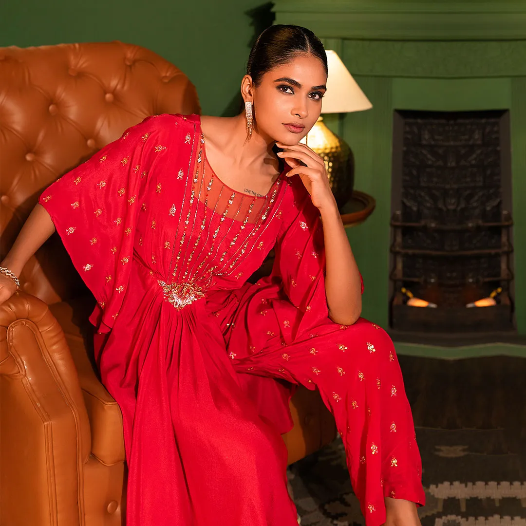 Red Asymmetrical Flared Dress Set