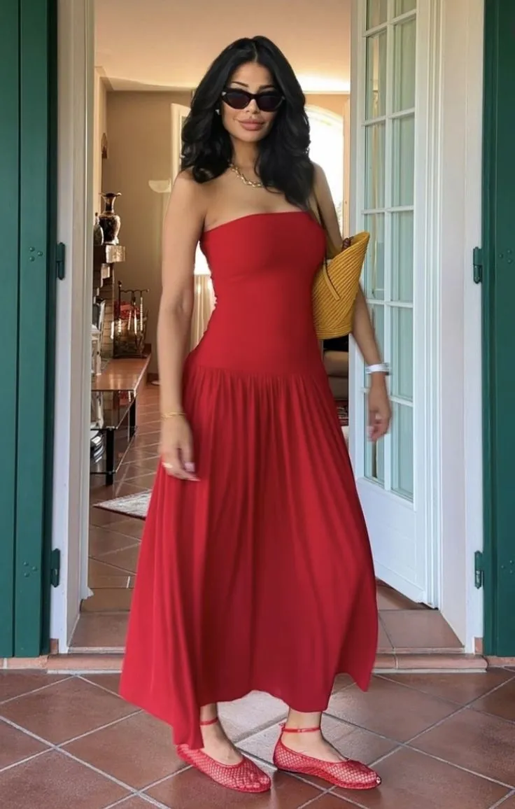 Red Strapless A-Line Long Party Dress Wedding Guest Dress       fg7403