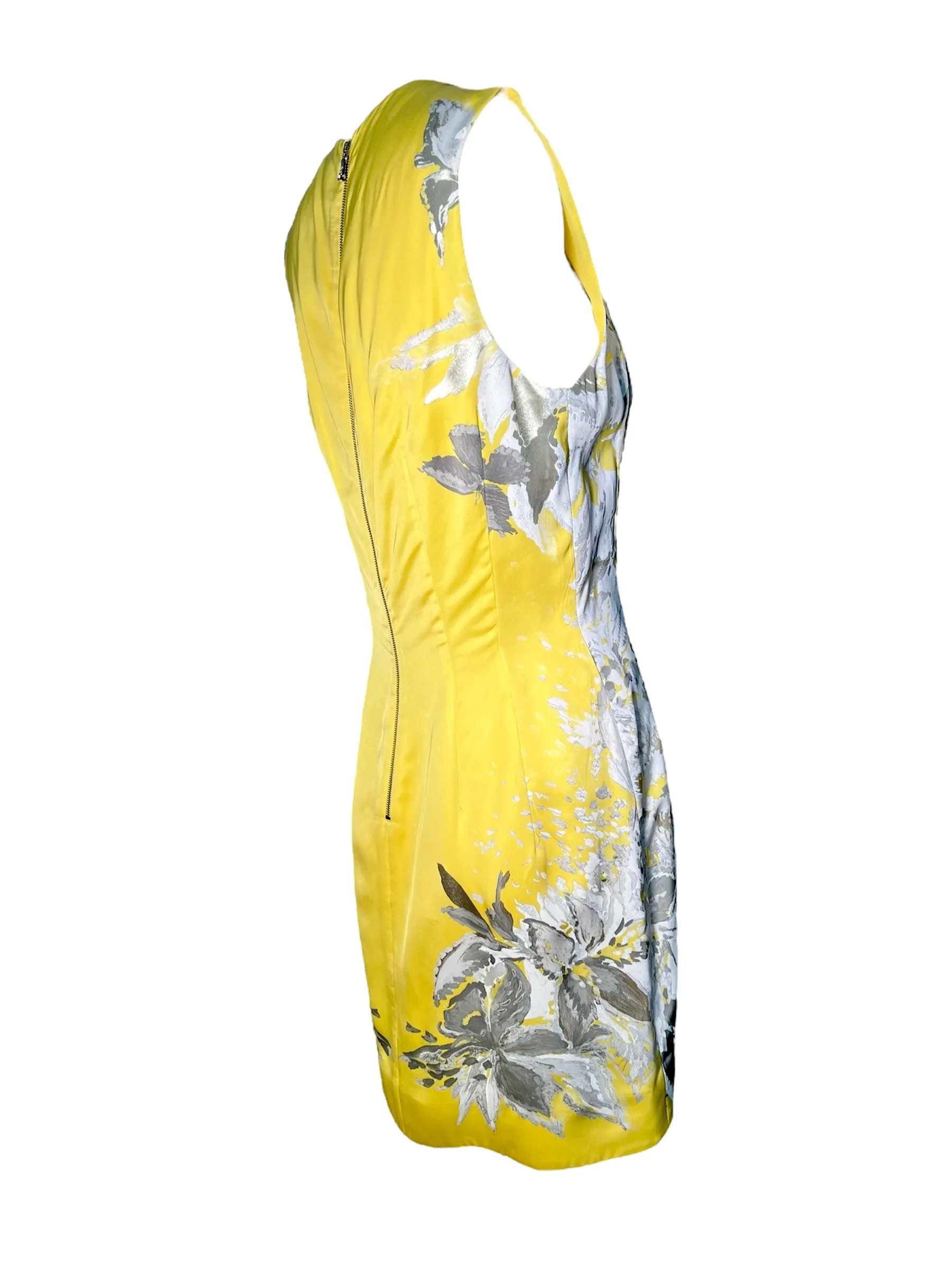 Roberto Cavalli 2000s Black Label Yellow Floral Dress with Snake Belt