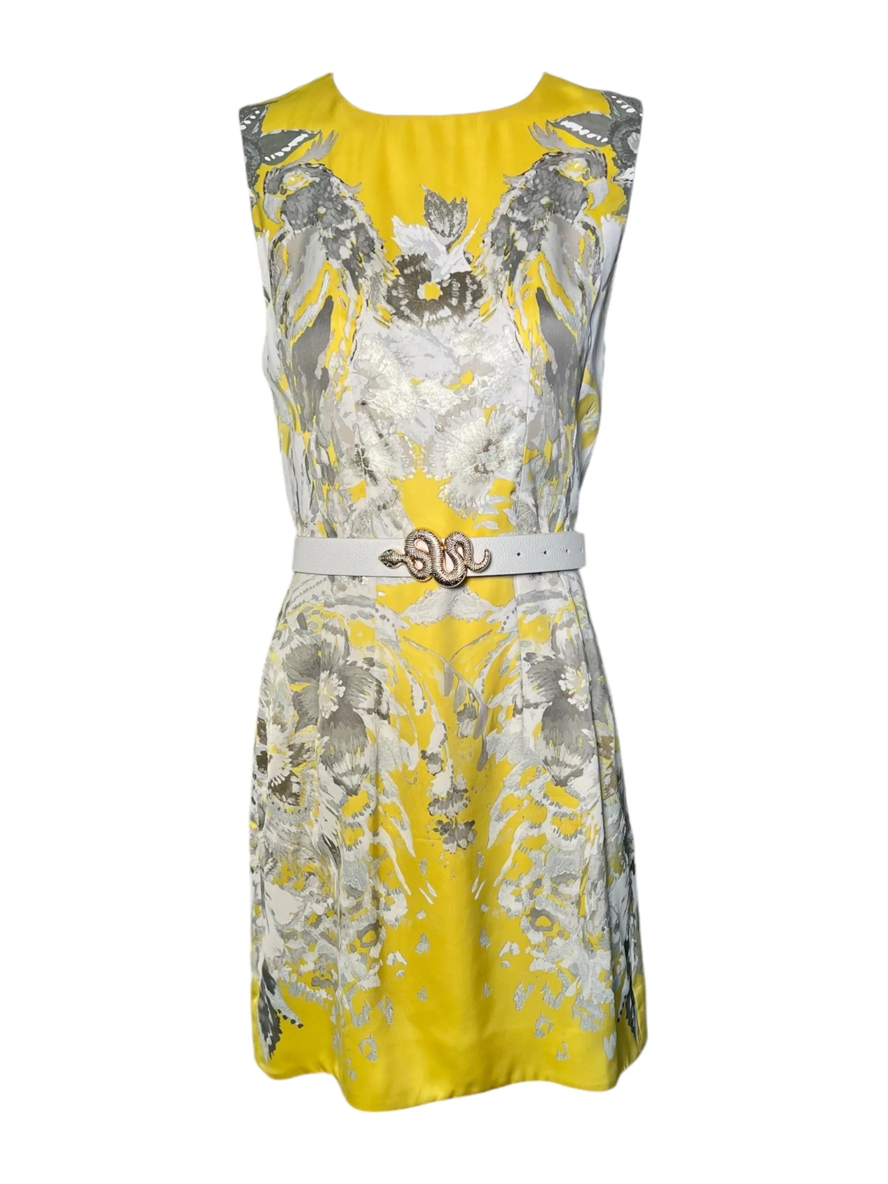 Roberto Cavalli 2000s Black Label Yellow Floral Dress with Snake Belt