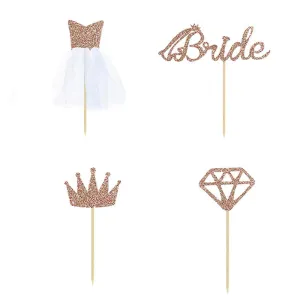 Rose Gold "Bride, Diamond, Crown & Gown", Pack of 4 Cupcake Toppers