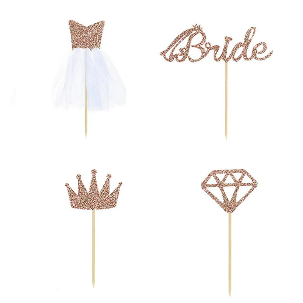 Rose Gold "Bride, Diamond, Crown & Gown", Pack of 4 Cupcake Toppers