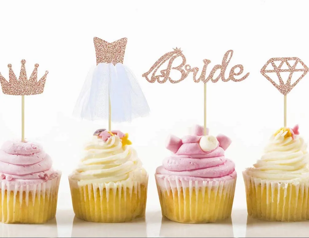 Rose Gold "Bride, Diamond, Crown & Gown", Pack of 4 Cupcake Toppers