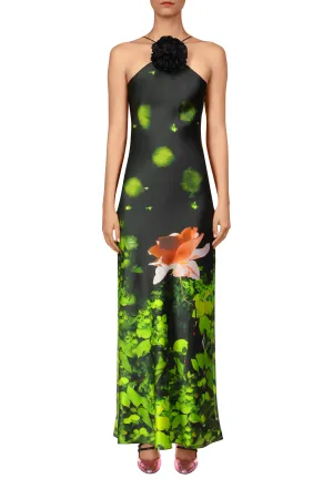 Rose Printed Satin Halter Gown With Silk Flower