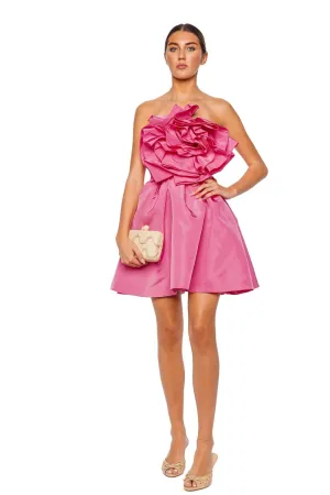 Rosette Silk Faille Strapless Mini Dress