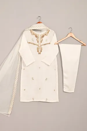 RTW-241-White - 3Pc Ready to Wear Embroidered Premium Adda Work Silk Dress