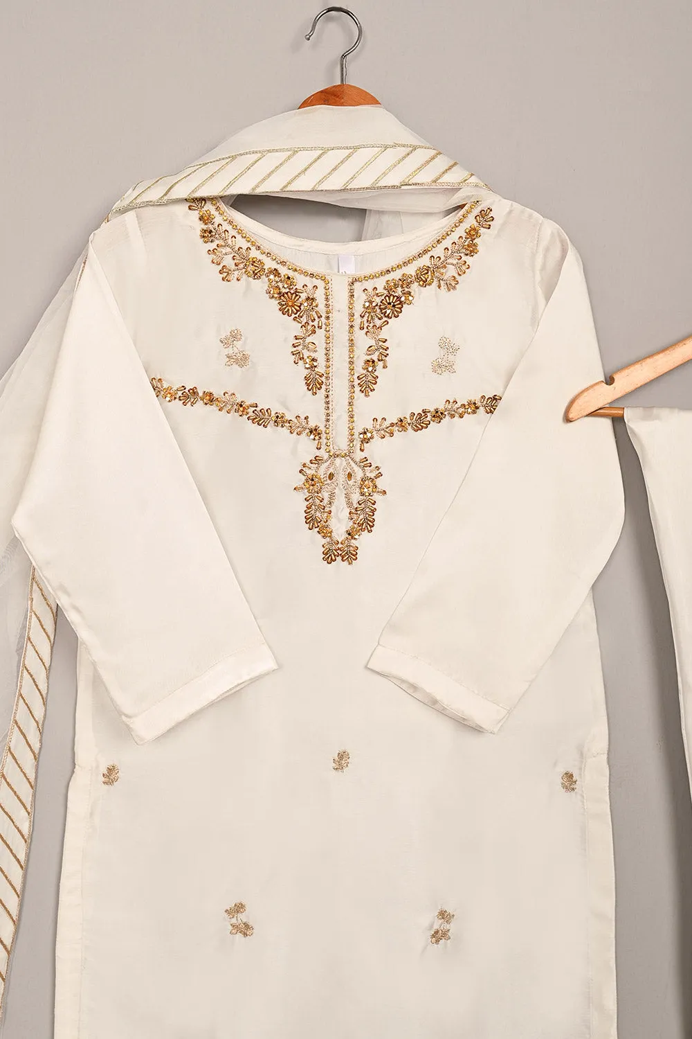 RTW-241-White - 3Pc Ready to Wear Embroidered Premium Adda Work Silk Dress