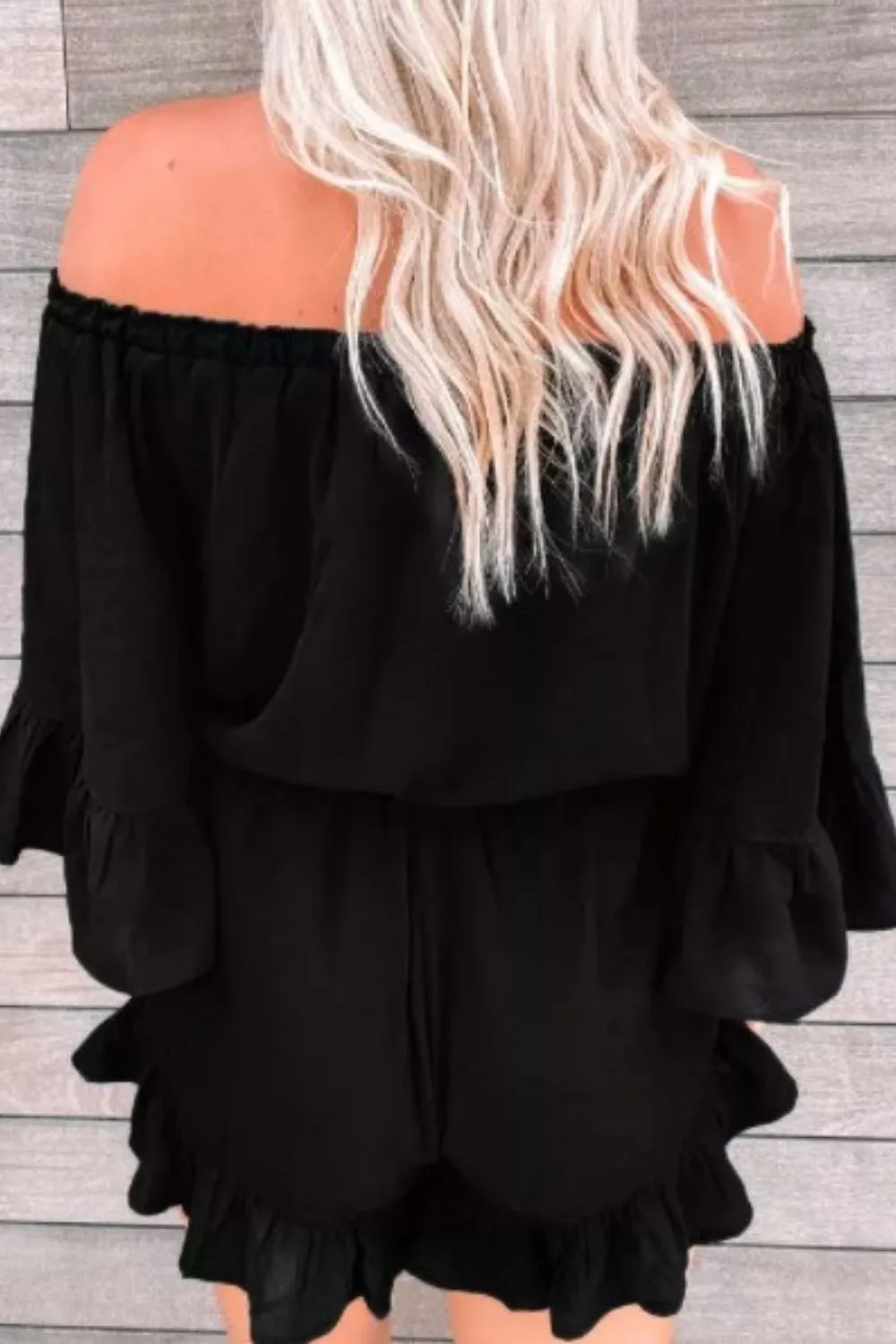 Ruffled Elastic Waist Off Shoulder Romper In Black