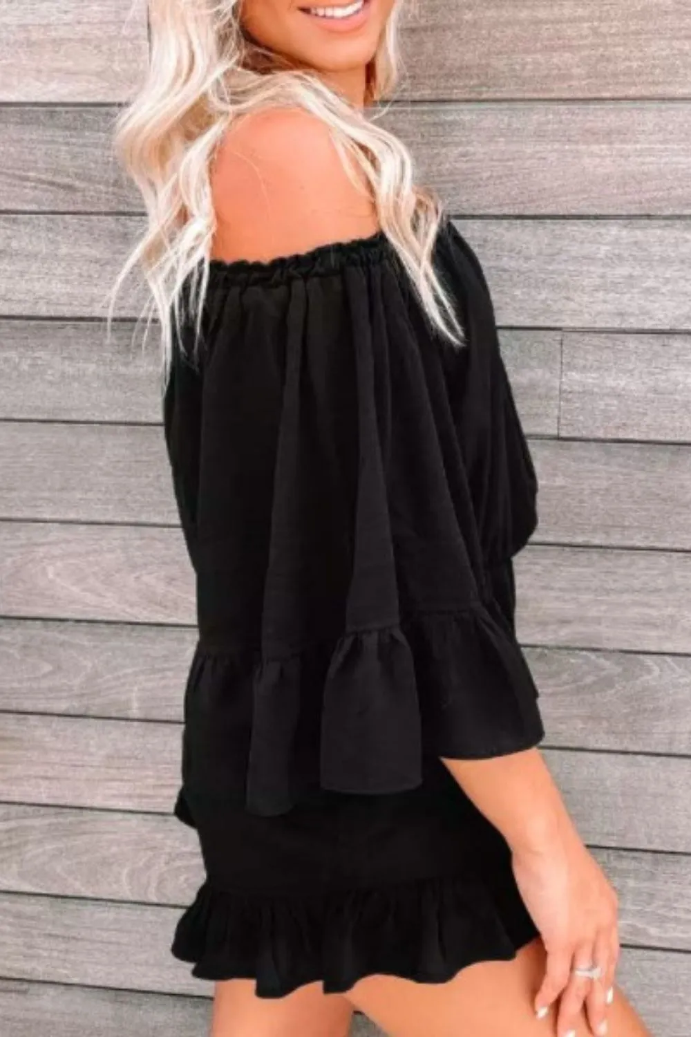 Ruffled Elastic Waist Off Shoulder Romper In Black