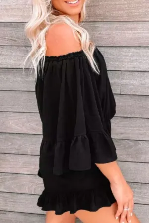 Ruffled Elastic Waist Off Shoulder Romper In Black