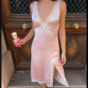 Rumored | Lucy Midi Dress Blush Heart Print Lace Satin | Medium New with Tags