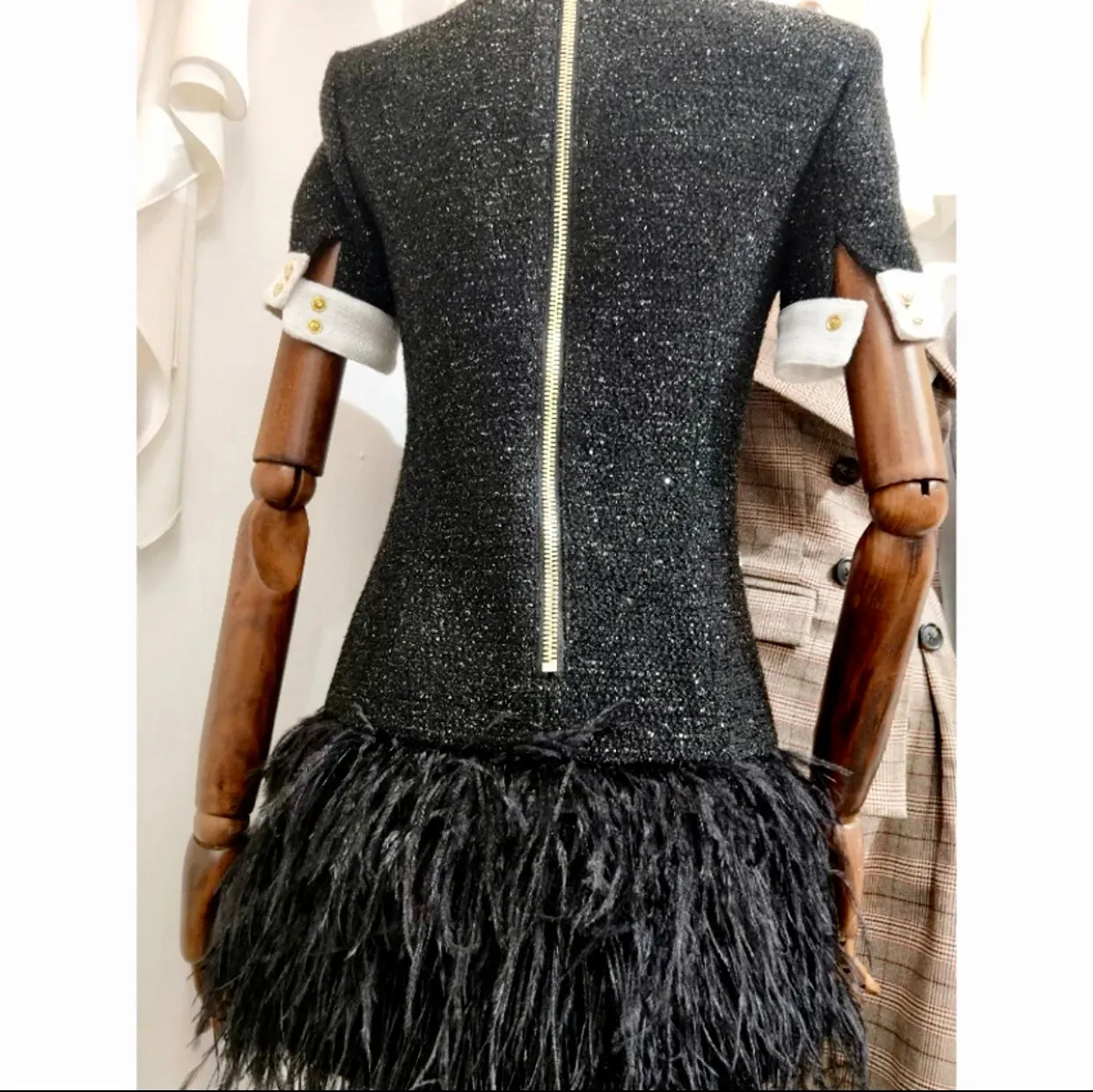 Runway Design B/W Feather Gold Lion Button Dress