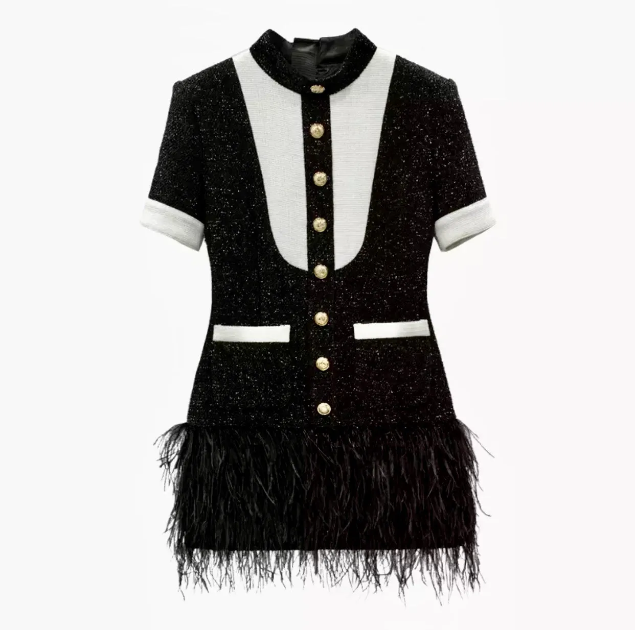 Runway Design B/W Feather Gold Lion Button Dress