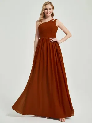 Rusty Red One Shoulder A-Line Floor Length Chiffon Bridesmaid Dress